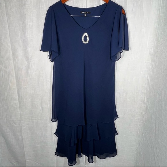 Onyx Nites Navy Flutter Sleeve Chiffon Shift Ruffled Hem Party Dress Sz 8 - Picture 3 of 9
